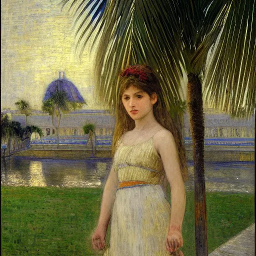 Image similar to a ultradetailed beautiful painting of a girl at night on the amazonas palace by jules bastien - lepage, hans belmer, frank weston and gustave baumann, trending on artstation, mediterranean, palm trees, light sparkles, sharp focus, soft light