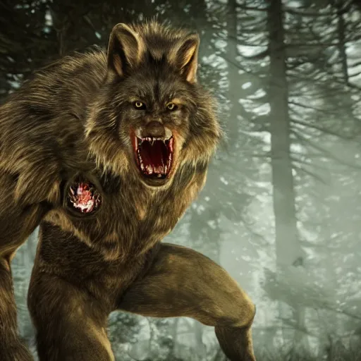 Image similar to hyper realistic werewolf hidden in the dark. higly detailed. deep dark cabin in the woods. unreal engine 5