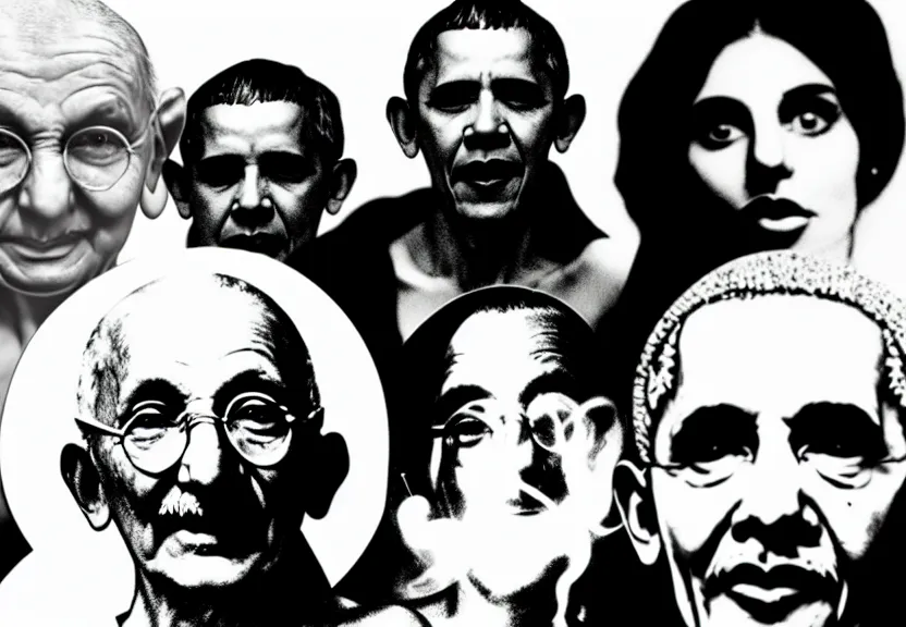 Image similar to Gandhi , Obama, Jesus, And Lady GaGa sharing a joint smoking in a circle, photograph credit: AP, Andy Warhol, photograph, by Beeple