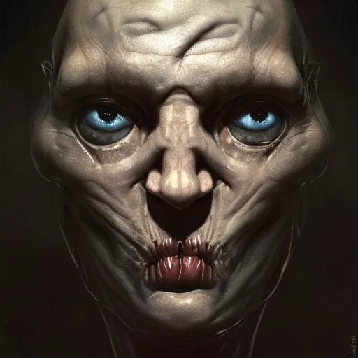 Image similar to Face of a pale alien cultist, intimidating man, large black fish eyes, high forehead, smooth waxy skin, slick clammy skin, ominous, eldritch. oil painting by nuri iyem, james gurney, james jean, greg rutkowski, highly detailed, soft lighting, chiaroscuro