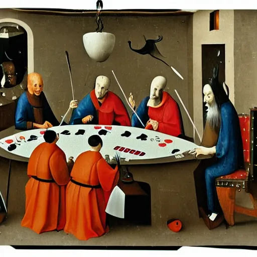 Image similar to priests playing poker, by hieronymous bosch