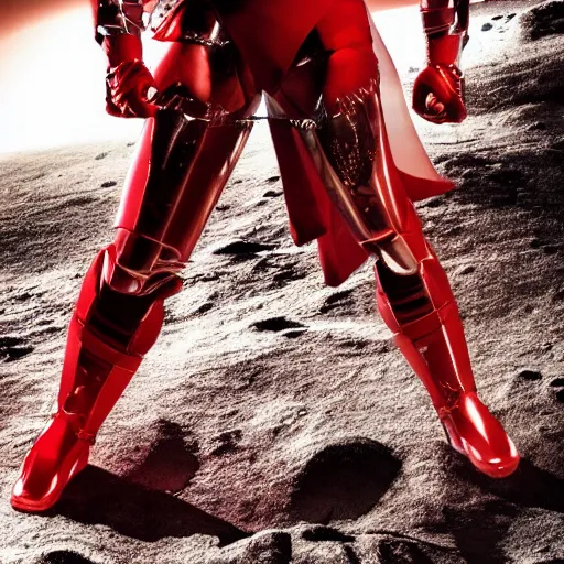 Image similar to portrait of a tall athletic muscular infantry man in glossy sleek white armor with tiny red details and a long red cape, heroic posture, on the surface of mars, night time, dramatic lighting, cinematic, sci-fi, hyperrealistic, movie still