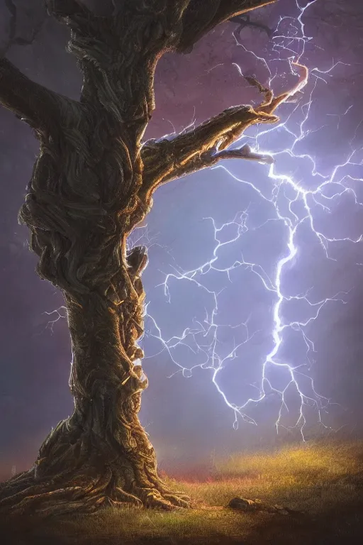 Image similar to a tree with lightning for leaves, overexposure, electricity, night, unreal engine, digital art, 8 k, oil painting, fantasy art, illustration, detailed and intricate environment