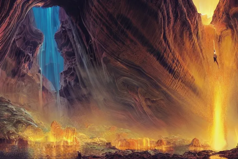 Image similar to High-end luxurios futuristic city with Singaporean royal gold lush volcano erupting, volcano lava destruction, set on Antelope Canyon with white thermal waters flowing down gold travertine terraces and lava overflowing, relaxing, ethereal and dreamy, thunderstorms and multiversal tornado, visually stunning, from Star Trek 2021, illustration, by WLOP and Ruan Jia and Mandy Jurgens and William-Adolphe Bouguereau, Artgerm