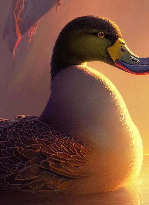 Image similar to highly detailed portrait of a heroic duck in gta v, stephen bliss, unreal engine, fantasy art by greg rutkowski, loish, rhads, ferdinand knab, makoto shinkai and lois van baarle, artgerm, pixar, ilya kuvshinov, rossdraws, tom bagshaw, global illumination, radiant light, detailed and intricate environment