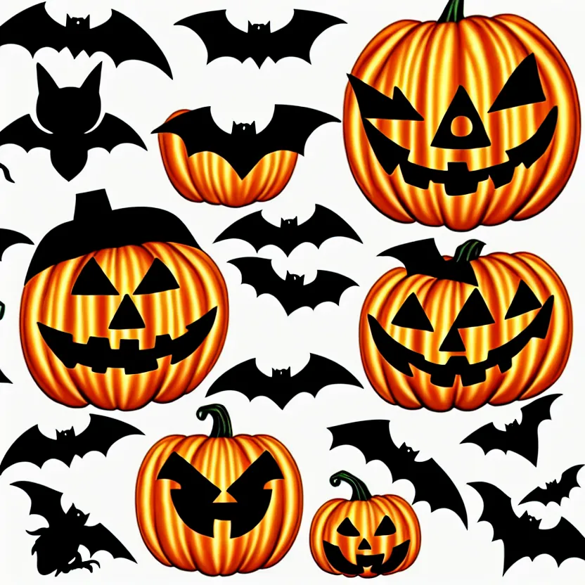 Prompt: extremely cute halloween 5 sticker set, adorable bat, witch, jacko lanterns, modern trendy clear background, 4 k,