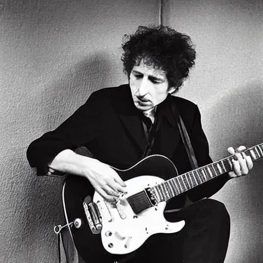 Prompt: bob dylan playing his guitar in the fulham football club stadium, photograph