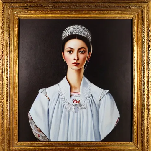 Prompt: hyperrealism oil painting, portrait of fashion model in traditional ukrainian vyshyvanka