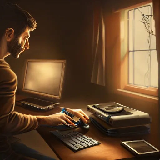 Prompt: realistic man using laptop in gaming room, artstation trends, concept art, highly detailed, intricate, sharp focus, digital art, 8 k