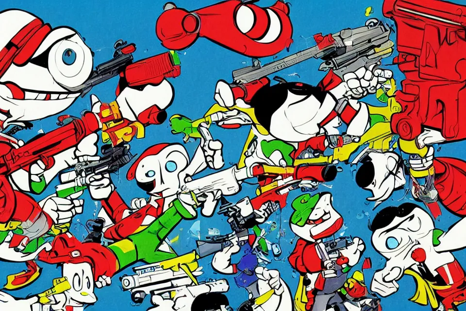 Image similar to 3 concept illustrations supersoaker water guns, by jamie hewlett