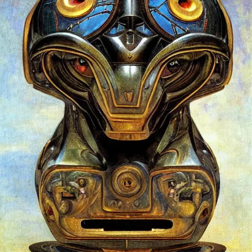 Image similar to masterpiece sculpture of an ornate mechanical robot cat head, by annie swynnerton and diego rivera and nicholas roerich and jean delville, symbolist, dramatic lighting, god rays, elaborate geometric ornament, art brut, soft colors, smooth, sharp focus, extremely detailed, adolf wolfli and ( donato giancola )