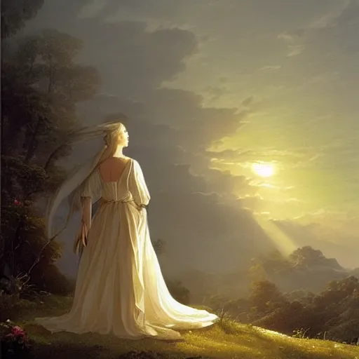 Prompt: a beautiful painting of a woman in a white cotton dress pondering life as she watches the sun set, nature, deviantart, fantasy art, sunrays shine upon it, deviantart, mystical, art style by claude joseph vernet and caspar david friedrich