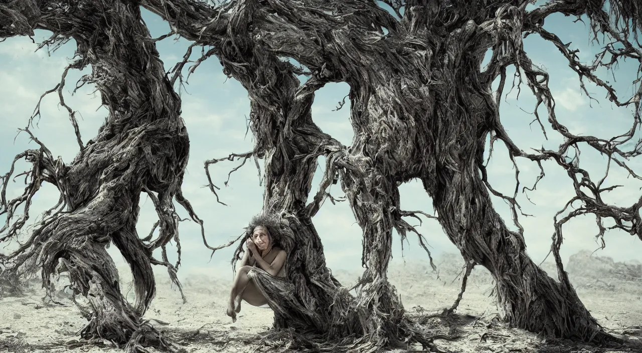 Prompt: 65-year-old tree-woman crying one single tear, facing the camera and sitting on a dried up river in a desolate land, blue sky, hot and sunny, highly-detailed, elegant, dramatic lighting, artstation, 4k, cinematic landscape, photograph