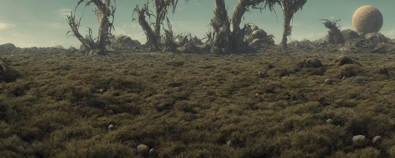 Prompt: ” outer planet with syrange alien vegetation, [ cinematic, detailed, epic, widescreen, opening, establishing, mattepainting, photorealistic, realistic textures, octane render ] ”