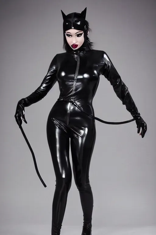 Image similar to piumi hansamali in a latex like catwoman