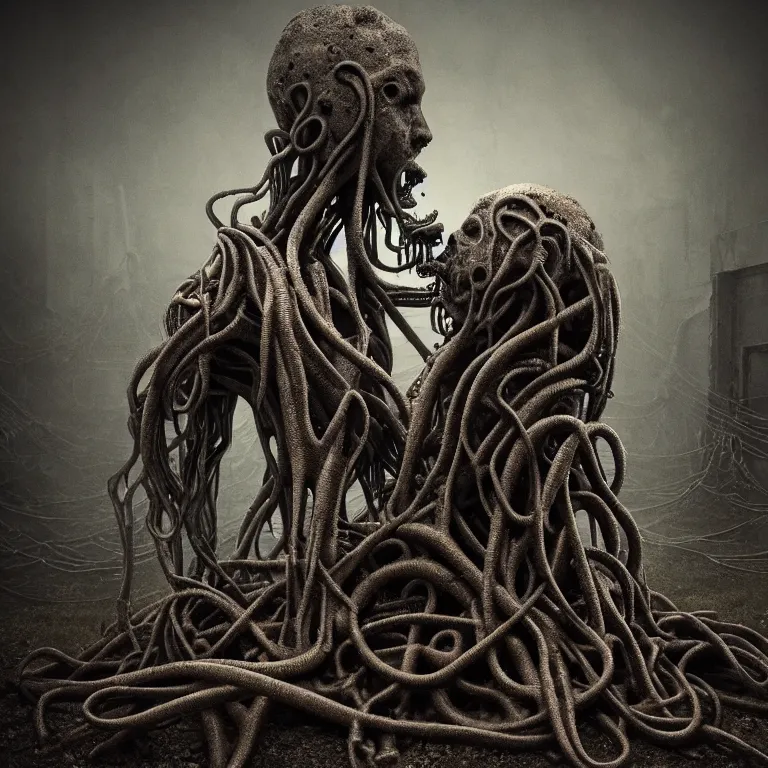 Prompt: portrait of abandoned ribbed sculpture of two kissing cyborgs, covered with tentacles, roots, wires, tubes, ash, mold, baroque painting, standing in a desolate empty wasteland, creepy, nightmare, dream-like heavy atmosphere, dark fog, surreal abandoned buildings, baroque painting, beautiful detailed intricate insanely detailed octane render trending on Artstation, 8K artistic photography, photorealistic, volumetric cinematic light, chiaroscuro, zoomed out, Raphael, Caravaggio, Beksinski, Giger
