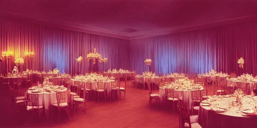 Image similar to a phantom hovers inside of a banquet hall. dramatic soft color lighting ( 1 9 8 4 ).