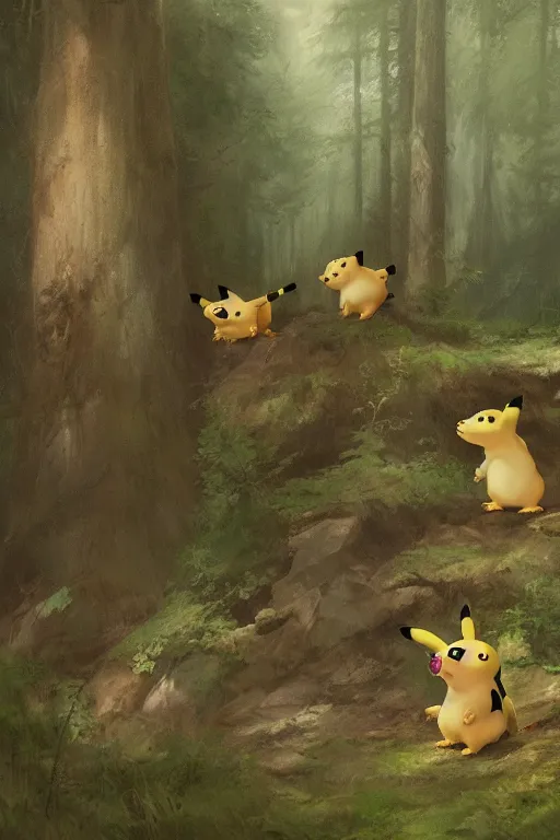 Image similar to A group of Pikachus in the forest, illustrated by Greg Rutkowski and Caspar David Friedrich., Trending on artstation, artstationHD, artstationHQ, 4k, 8k