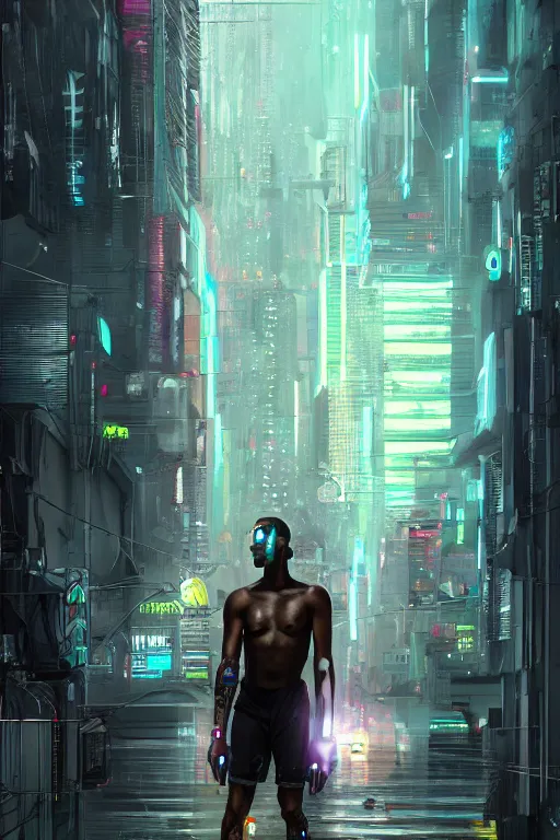 Image similar to black male cyborg body modifications hd james paick low perspective! cyberpunk city neon rain