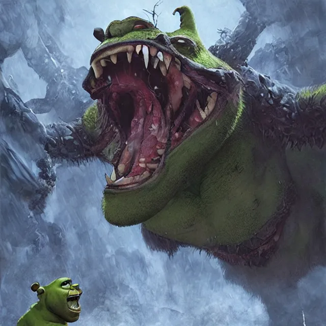 Prompt: monstrous shrek shrieking and gnashing his vicious teeth, art by greg rutkowski