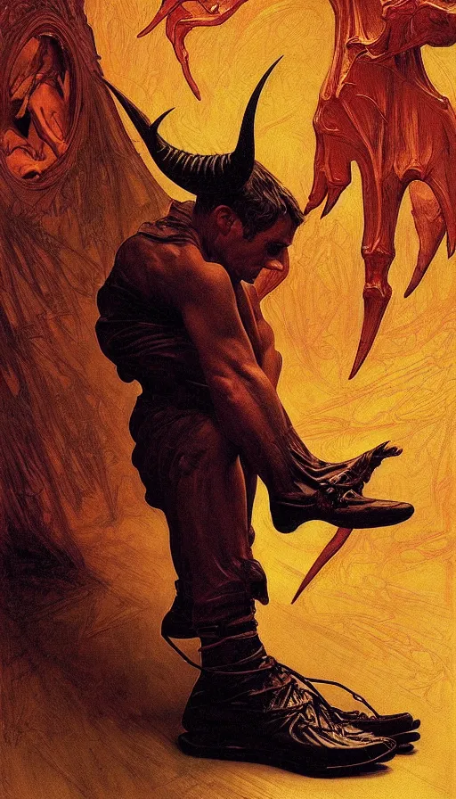 Prompt: portrait of the devil ( lucifer ) wearing toe shoes ( vibram five fingers ), digital art, technicolor, grim - lighting, high - contrast, intricate, elegant, highly detailed, centered, digital painting, artstation, concept art, smooth, sharp focus, illustration, artgerm, greg rutkowski, alphonse mucha, karol bak