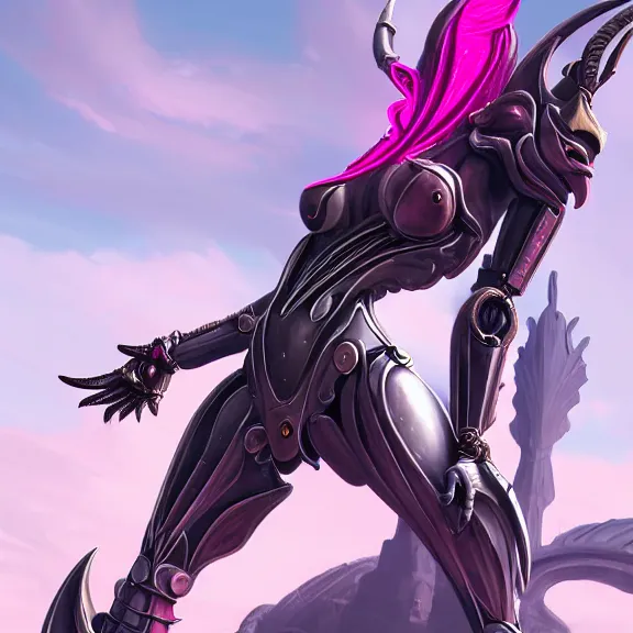 Image similar to extremely detailed giantess shot, close front shot, of a goddess that's a giant beautiful stunning anthropomorphic robot female dragon, standing majestically on a mountain, elegant pose, robot dragon claws, streamlined pink armor, detailed sharp metal claws, thick warframe thighs, long elegant tail, detailed warframe fanart, destiny fanart, high quality digital art, giantess art, furry art, warframe art, Destiny art, furaffinity, DeviantArt, artstation, 8k HD, octane render