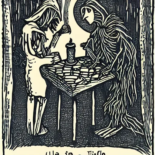 Image similar to haunted fairytale, skeletal little red riding hood having tea with the demon wolf, lupus moon, woodblock detailed dramatic tarot