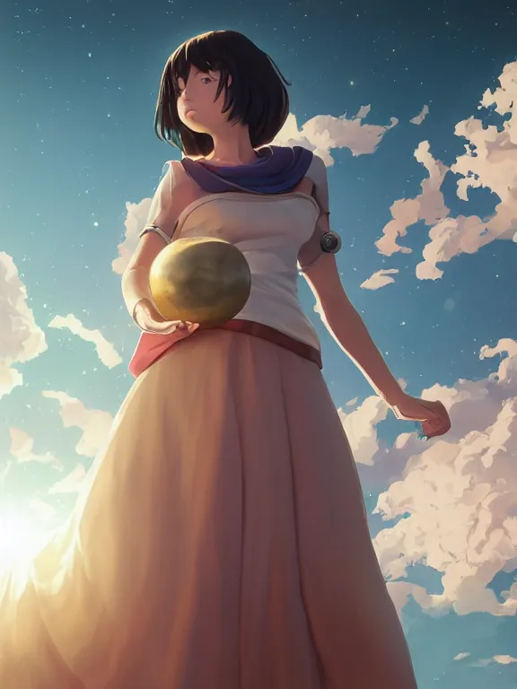 Prompt: one single godly, wise, powerful giant girl wearing a skirt in space holding a model of a Saturn in her left hand. Soft lighting, cosmic skies, stunning, 8K, no planets, octane render. By Makoto Shinkai, Stanley Artgerm Lau, WLOP, Rossdraws, James Jean, Andrei Riabovitchev, Marc Simonetti, krenz cushart, Sakimichan, D&D trending on ArtStation, digital art.