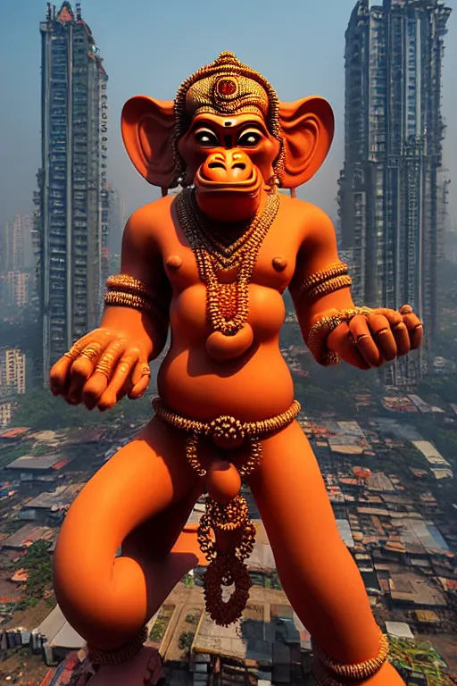 Image similar to high quality 3 d cyberpunk biomorphic hanuman! head building in the middle of mumbai!!, kalighat highly detailed, cinematic smooth, stephen shore & john j. park, soft morning light, wide shot, high angle, uhd 8 k, sharp focus