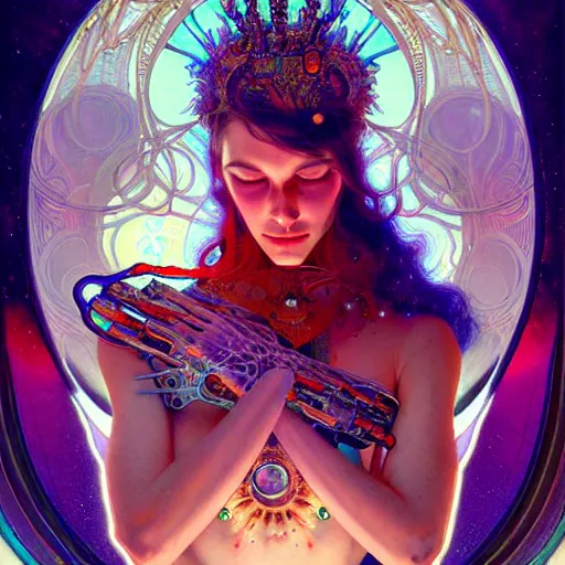 Prompt: extremely psychedelic cyborg queen of lsd. intricate, elegant, highly detailed, extremely lifelike photorealistic digital painting, artstation. steichen, gaston bussiere, tom bagshaw, cyberpunk alphonse mucha