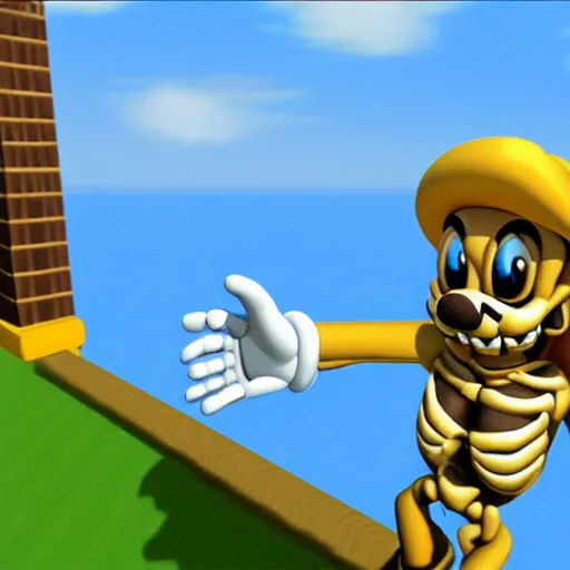 Prompt: A skeleton in the game Super Mario 64, photorealism