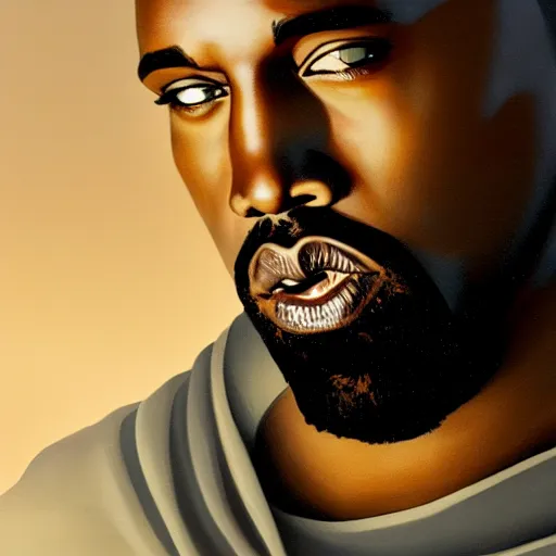 Image similar to winking kanye west as jesus closeup portrait, dramatic light, lake background, 2 0 0 mm focal length, painted by stanley lau, painted by greg rutkowski, painted by stanley artgerm, digital art, trending on artstation