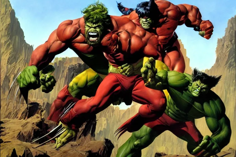 Image similar to Wolverine fighting the Hulk by Frank Frazetta and by Joe Jusko and by Alex Ross, oil painting, detailed, proportional, trending on art station, 4k