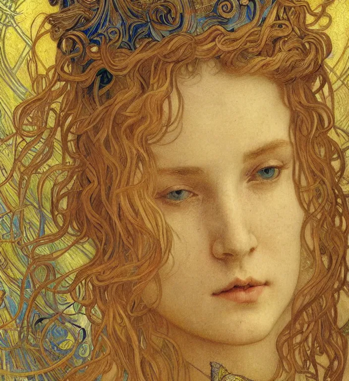Image similar to detailed realistic beautiful young medieval queen face portrait by jean delville, alphonse mucha, vincent van gogh, and marco mazzoni, art nouveau, symbolist, visionary, gothic, pre - raphaelite