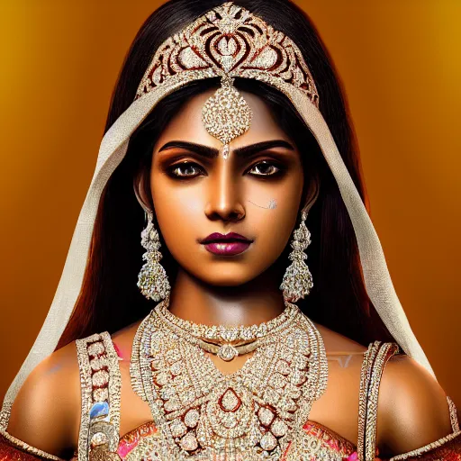 Image similar to portrait of wonderful hindi princess of diamond with dark skin, ornate with diamonds, 8 k, gorgeous, intricate, detailed, glowing white accent lighting, dramatic lighting, octane render