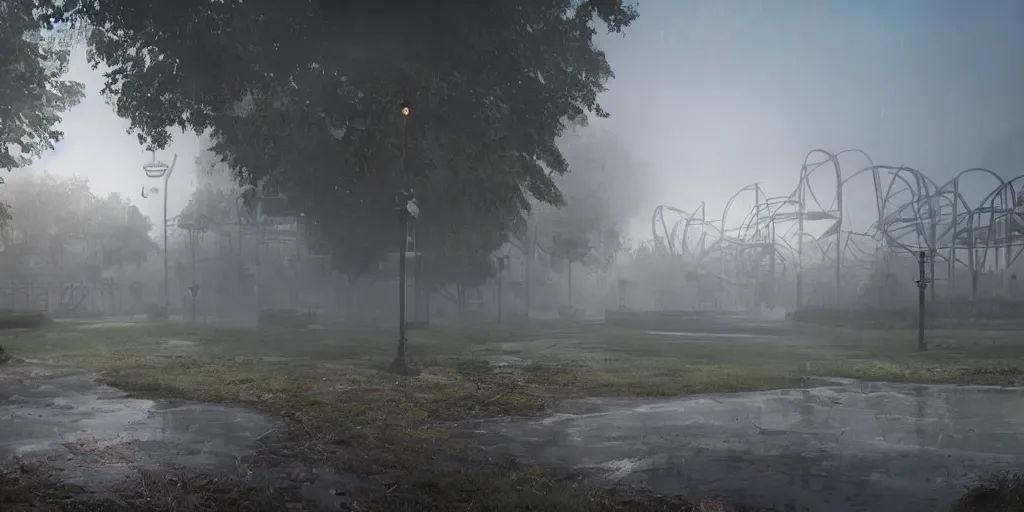 Image similar to creepy view into abandoned theme park with many attractions, fog, rain, volumetric lighting, beautiful, golden hour, sharp focus, highly detailed, cgsociety