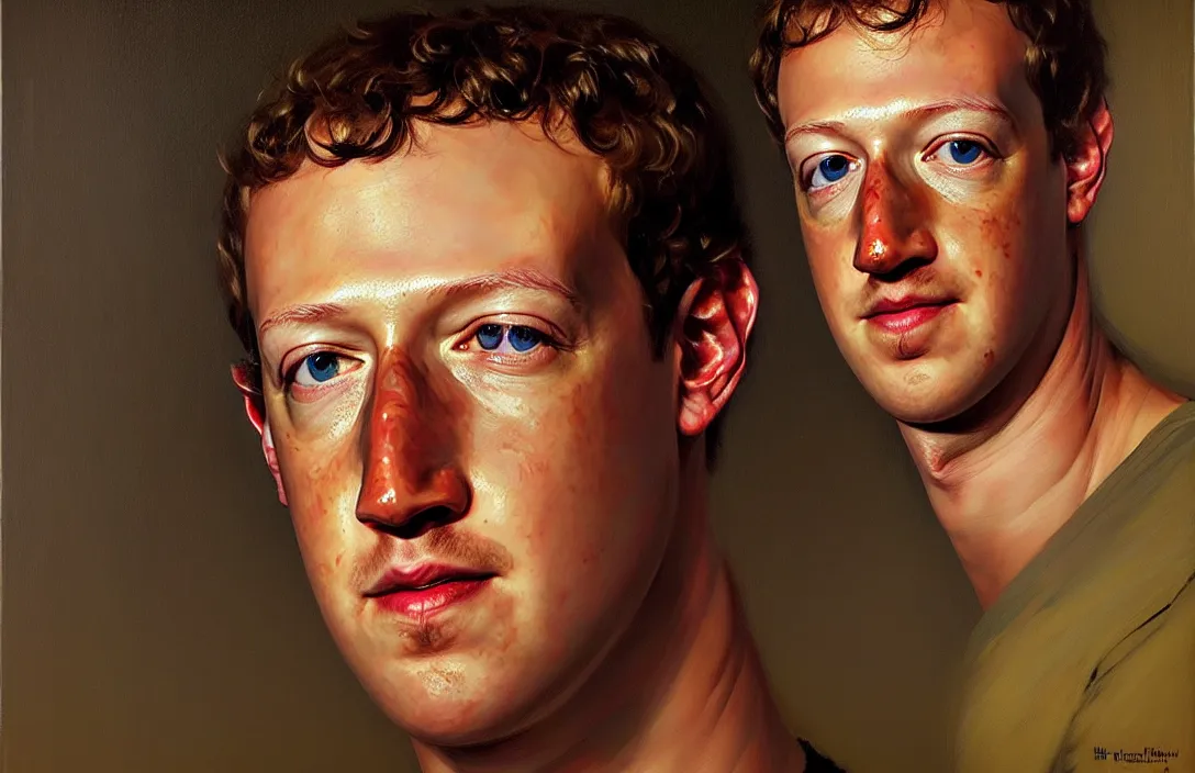 Image similar to portrait of mark zuckerberg!!!!!!!!!!!!!!!!!!!!!!!!!!!, detailed face, detailed painting, epic lighting, by ilya repin, phil hale and kent williams