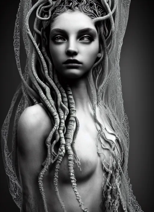 Image similar to surreal mythical dreamy dark artistic black and white fine art photo of a beautiful young female angel - medusa - mermaid - cyborg covered with translucent algae, highly detailed, lace web, rim light, cinematic, studio dramatic light, poetic, octane render, 8 k, photo - realistic, by floria sigismondi