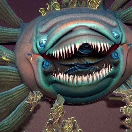 Prompt: undiscovered nightmare fish from the mariana trench, photorealistic, creepy, detailed