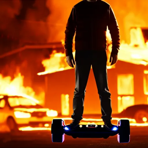 Image similar to Photo of Walter White standing on a hoverboard with several burning buildings behind him, cinematic lighting, highly detailed, 8k