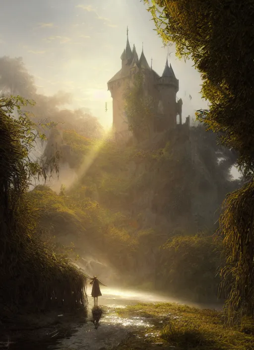 Prompt: small poor medieval castle, mist, sunrays, dust in the air, dnd character, unreal engine, octane render, dramatic lighting, pond, digital art, by stanley artgerm lau, greg rutkowski, thomas kindkade, alphonse mucha, loish, norman rockwell,