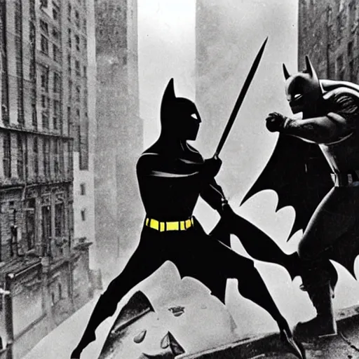 Image similar to a close - up old black and white photo, 1 9 1 3, depicting batman fighting a bad guy in an ally of new york city, rule of thirds, historical record