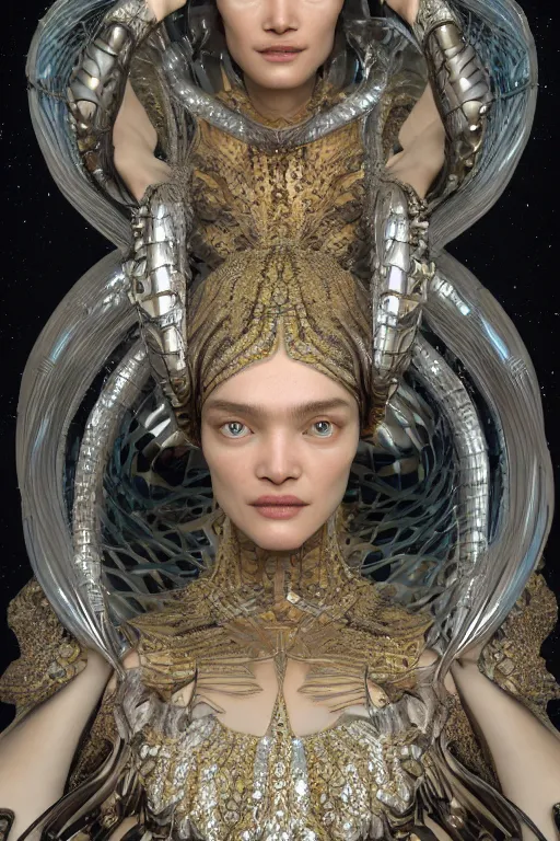 Image similar to a highly detailed 4 k render portrait of an alien goddess natalia vodianova in iris van herpen dress schiaparelli armor in diamonds and lots of jewelry in style of alphonse mucha trending on artstation made in unreal engine 4