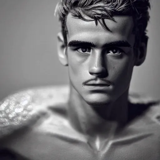 Image similar to “ a realistic detailed photo of a guy who is an attractive humanoid who is half robot and half humanoid, who is a male android, soccer player antoine griezmann, shiny skin, posing like a statue, blank stare, on the bed, on display ”