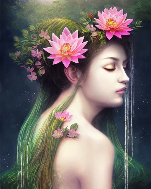 Image similar to the goddess of summer, with lotus on her head, half - length head portrait, dreamy, beautiful, by wlop
