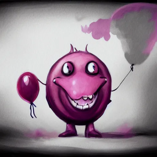 Prompt: a pink balloon with arms and eyes and a huge mouth. Cartoon. Dark Souls boss. Concept art.