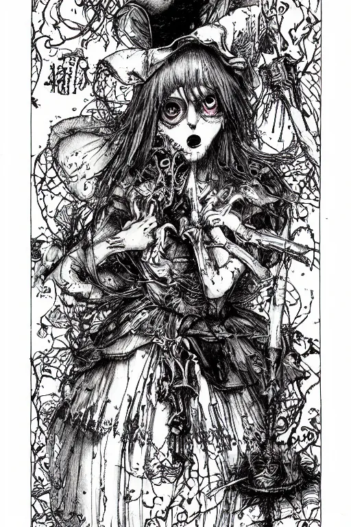 Prompt: Undead Alice in wonderland tarot card , pen and ink, intricate line drawings, by Yoshitaka Amano, Ruan Jia, Kentaro Miura, Artgerm, watercolor