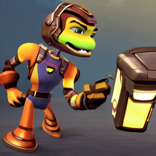 Prompt: ratchet and clank in 3d style meets robert downey jr.