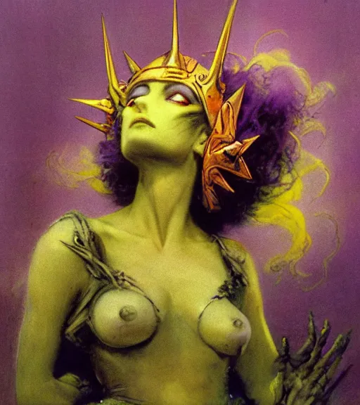 Prompt: evil princess of the wasteland, scrap metal headdress, strong line, vivid neon color, yellow purple, cloudy sky, beautiful! coherent! by brian froud, by frank frazetta, low angle