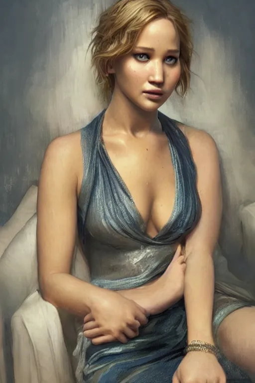 Prompt: painting of jennifer lawrence,, ultra realistic, sharp details, subsurface scattering, intricate details, warm lighting, beautiful features, highly detailed, photorealistic, octane render, 8 k, unreal engine, art by artgerm and greg rutkowski and alphonse mucha